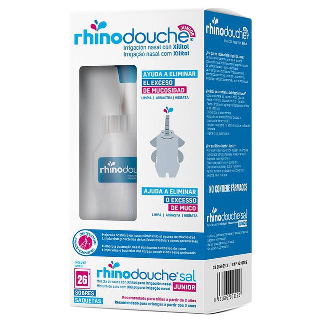 Rhinodouche junior pack irrigador nasal + rhinodouche sal junior (1 envase  250 ml + 26 sobres) - Farmacia online